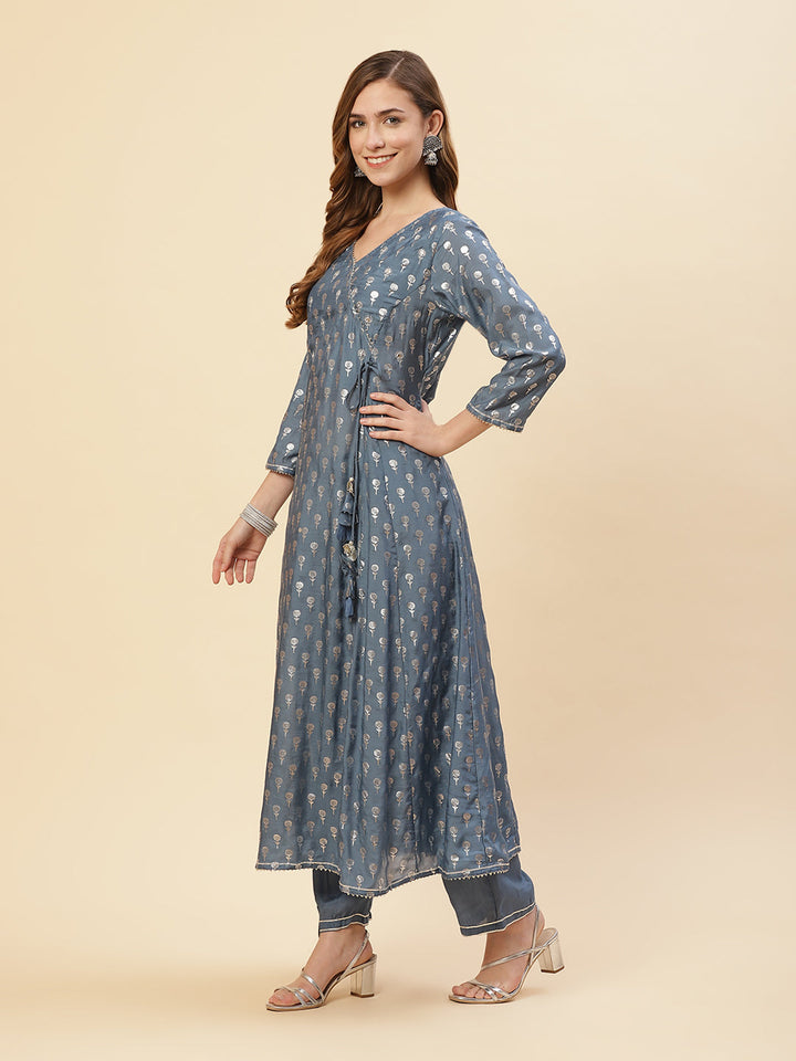 Cotton Muslin Zari Work Angrakha Kurti With Pant