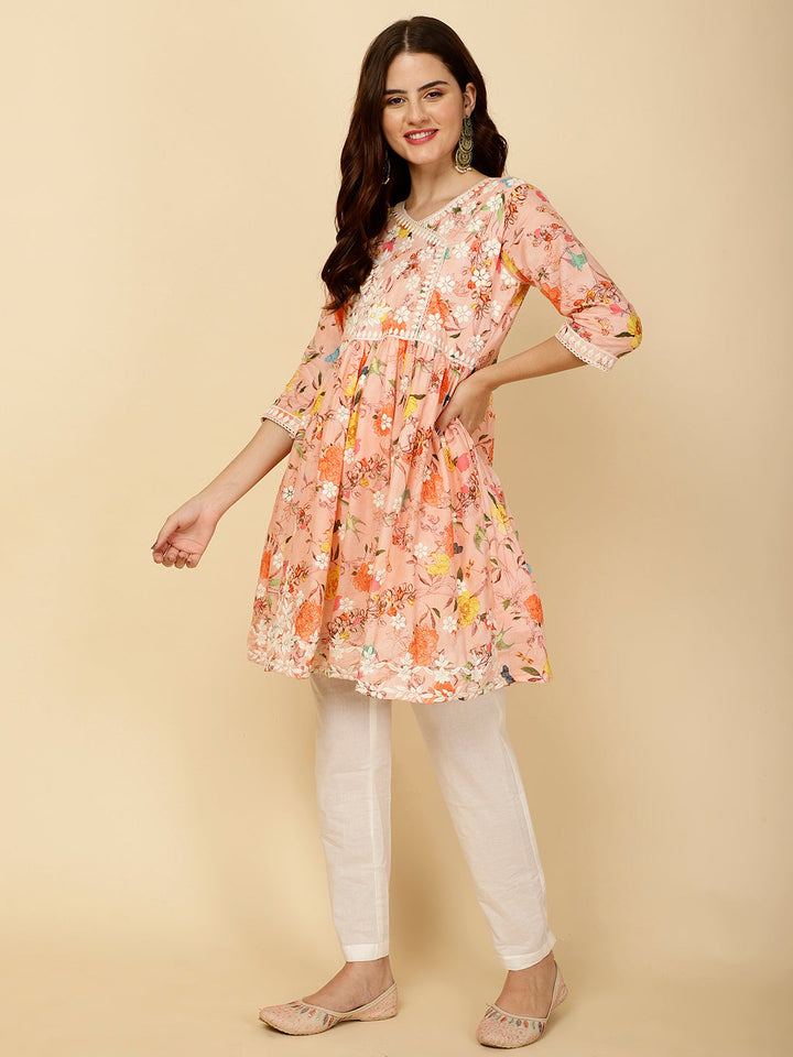 Chikankari &amp; Floral Printed Cotton Kurti