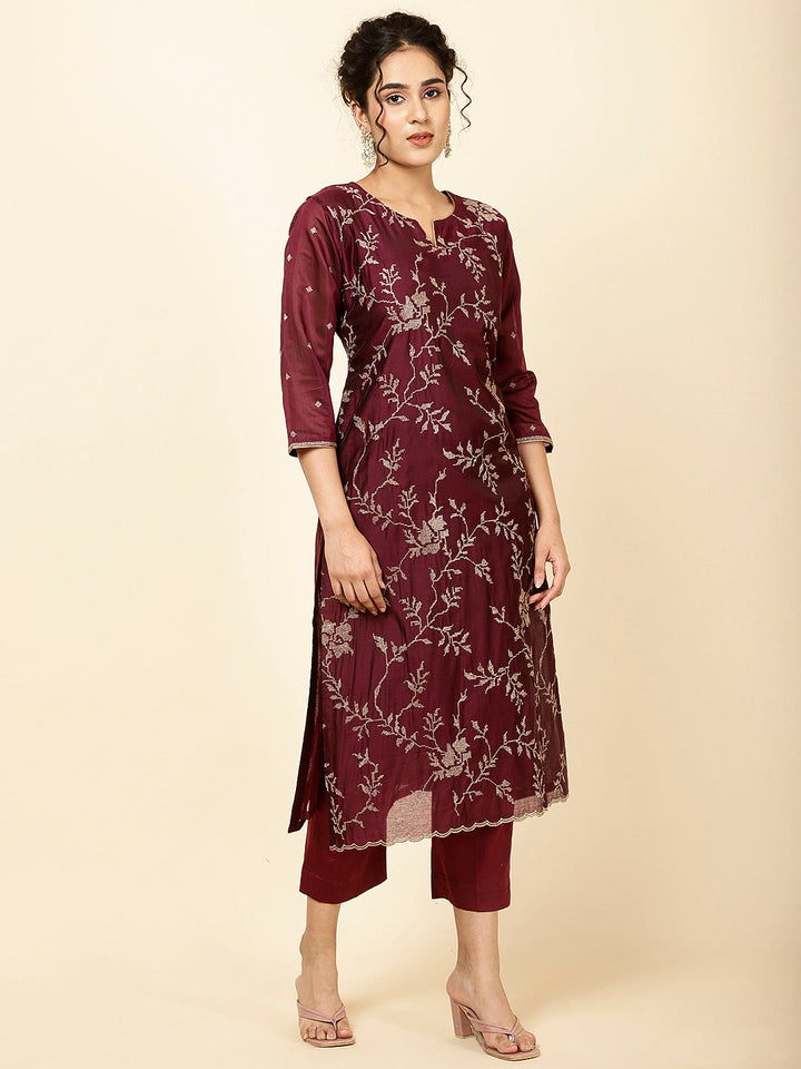 Embroidered Cotton Kurta With Pants &amp; Dupatta