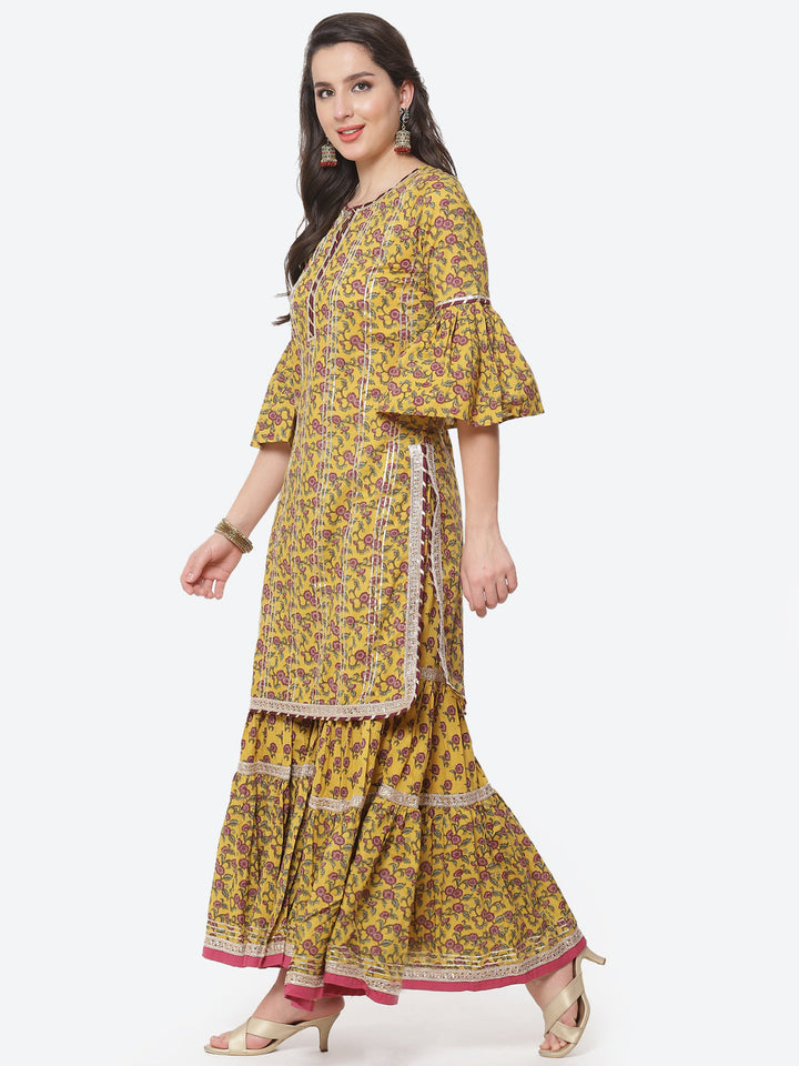 Floral Printed Gota Work Cotton Kurti With Sharara