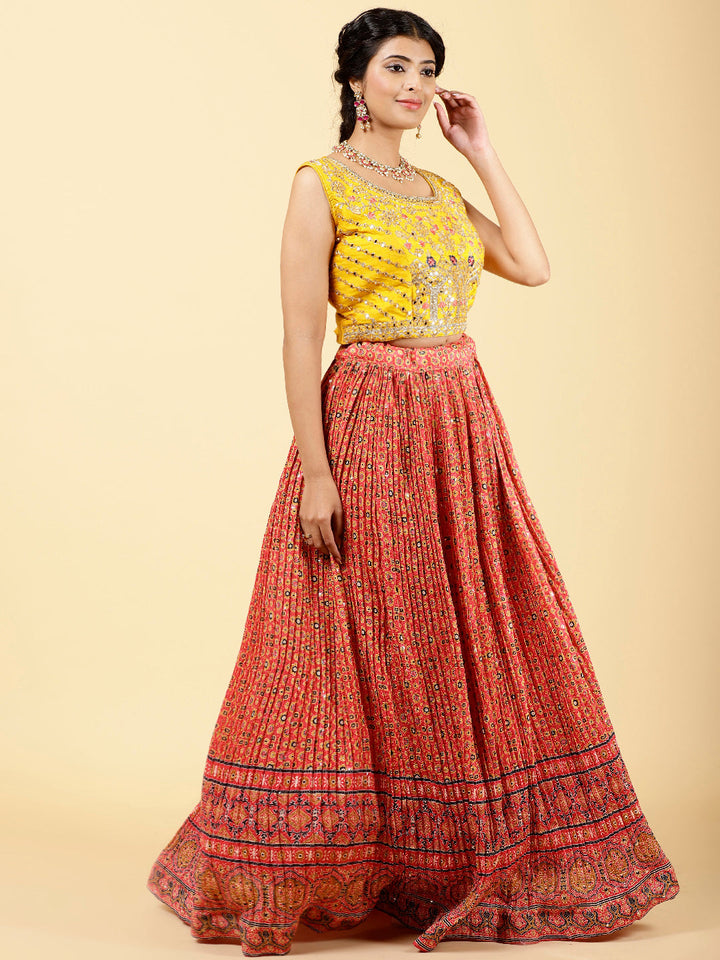 Printed &amp; Embroidered Crepe Choli With Lehenga &amp; Dupatta