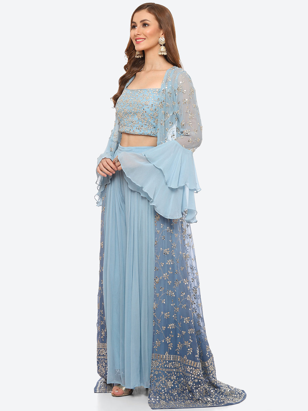 Zari Embroidered Booti Georgette Crop Top With Sharara &amp; Jacket