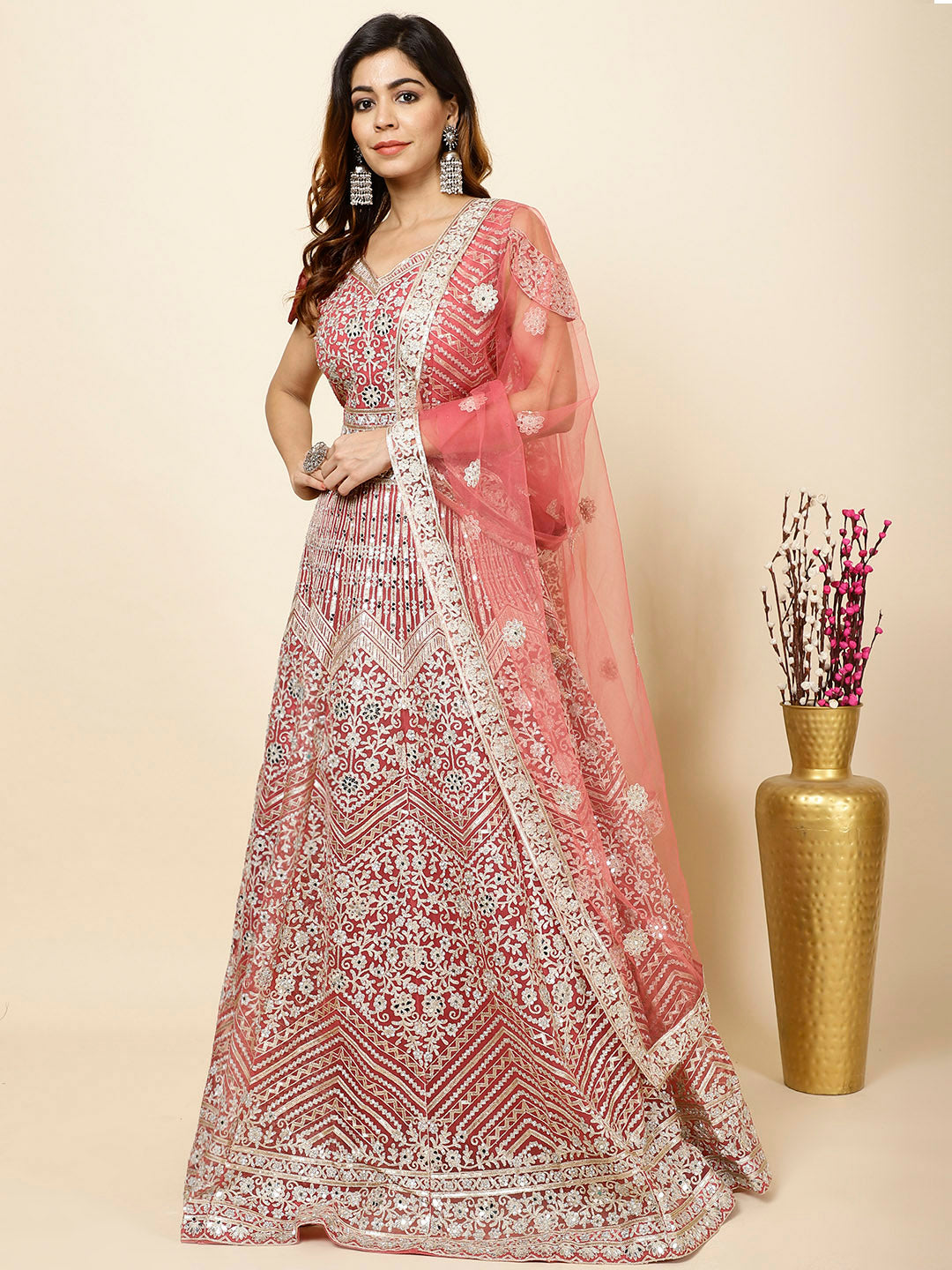 Zari Embroidered Net Choli With Lehenga &amp; Dupatta