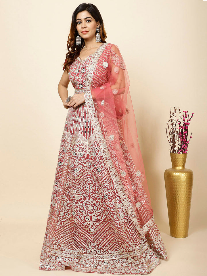 Zari Embroidered Net Choli With Lehenga &amp; Dupatta