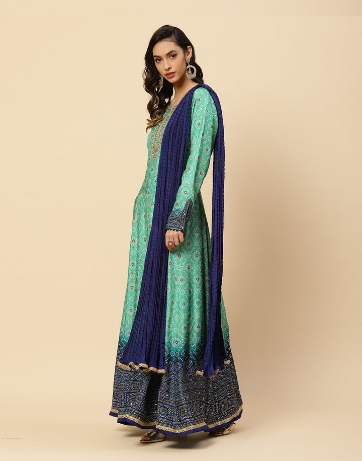 Bandhez Printed Cotton Anarkali Salwar Kameez With Art Handloom Dupatta