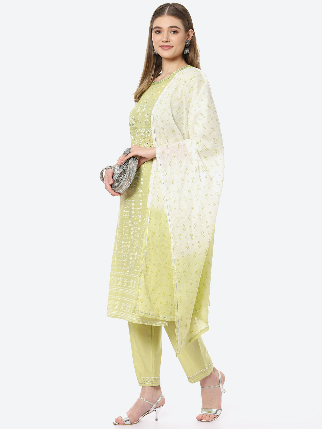 Bandhani Mirror Work Cotton Kurta With Pant &amp; Cotton Dupatta