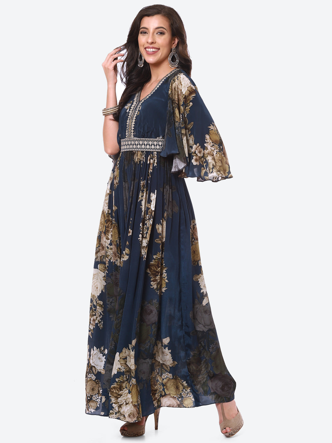 Floral Digital Printed Crepe A-Line Gown Dress