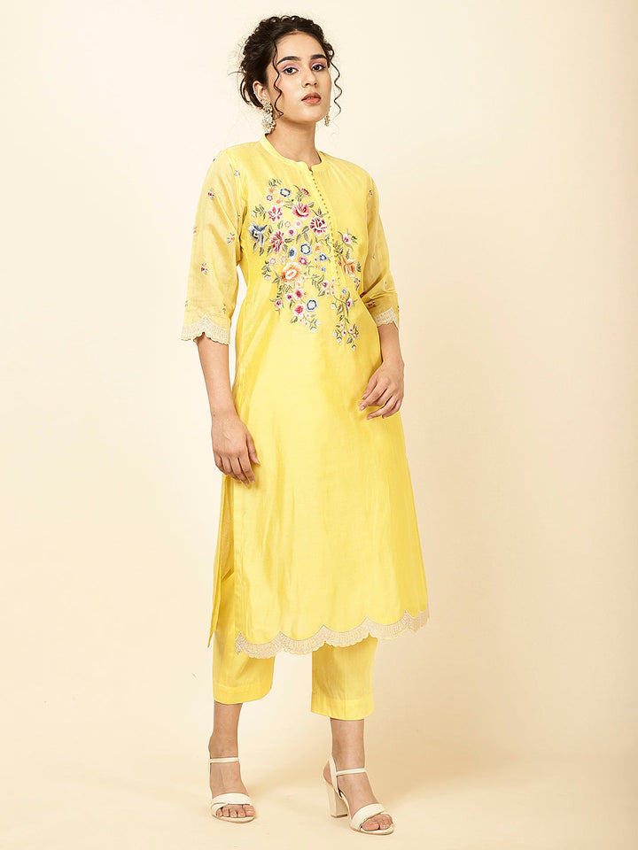 Floral Embroidered Chanderi Kurta With Pants &amp; Dupatta