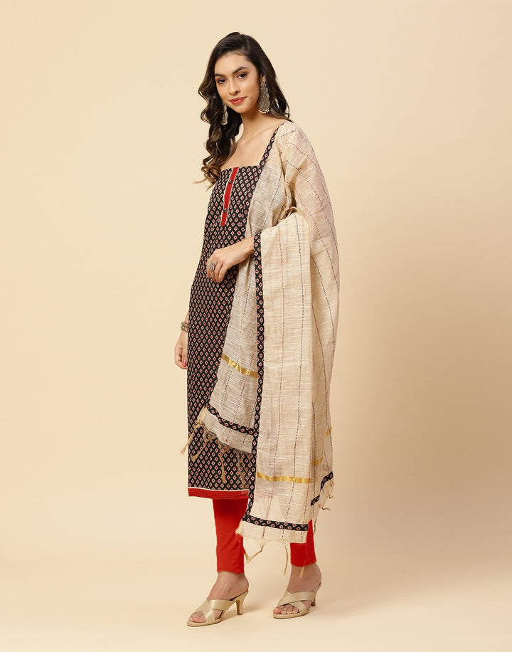 Printed Cotton Suit Piece With Kantha Work