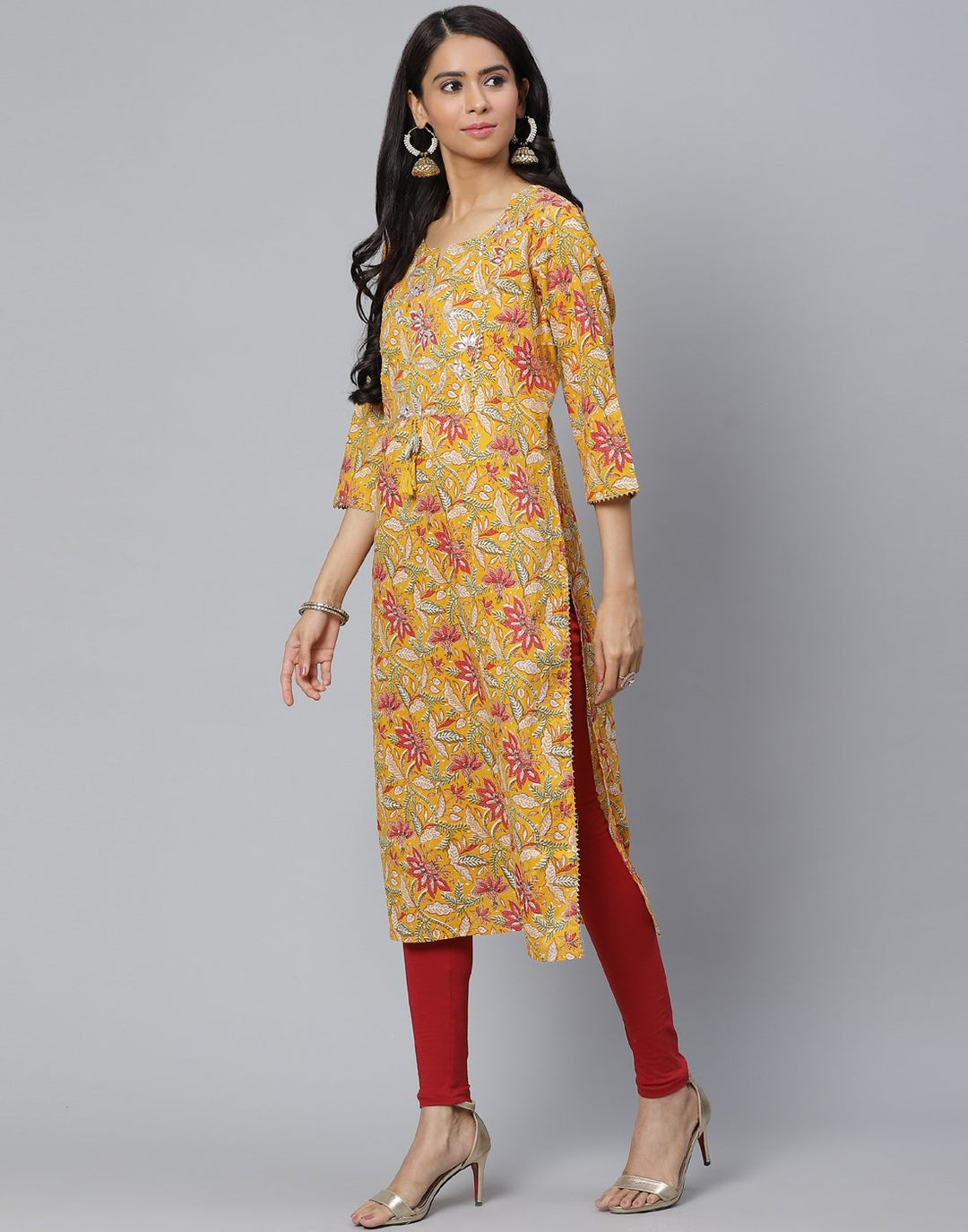 Floral Print Kurti With Gota Detail