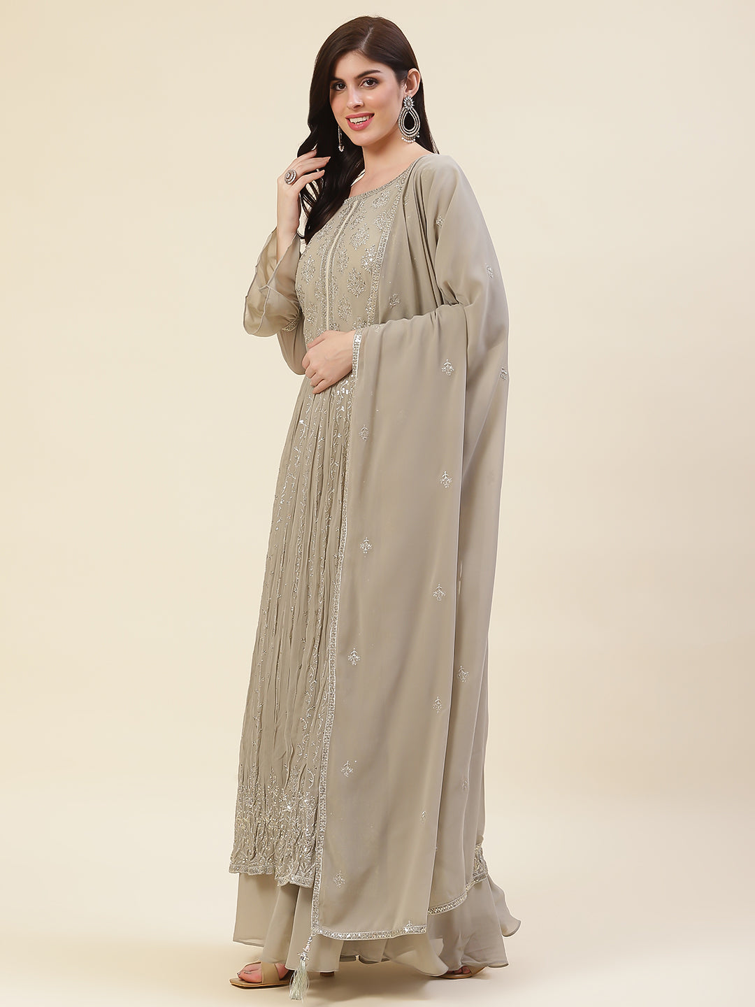 Sequin Embroidered Booti Georgette Kurta With Palazzo &amp; Dupatta