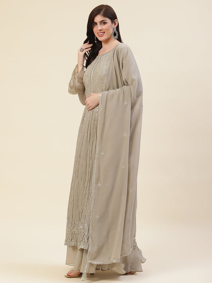 Sequin Embroidered Booti Georgette Kurta With Palazzo &amp; Dupatta