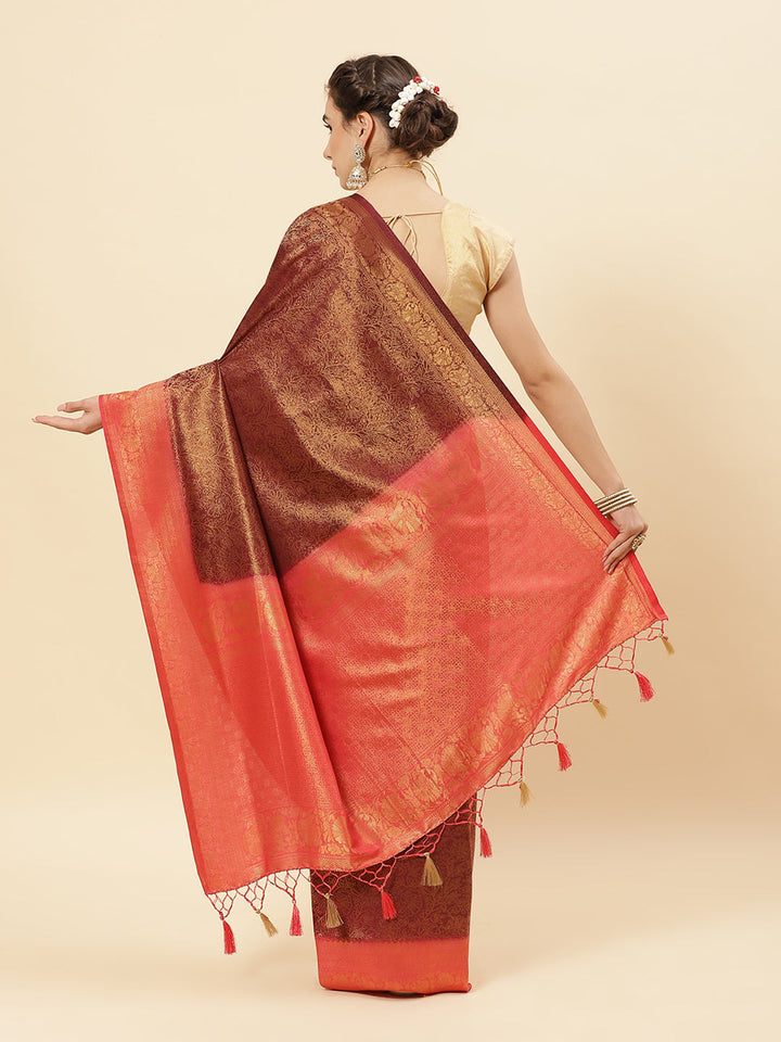 Brocade Zari Jaal Art Handloom Saree With Contrast Border