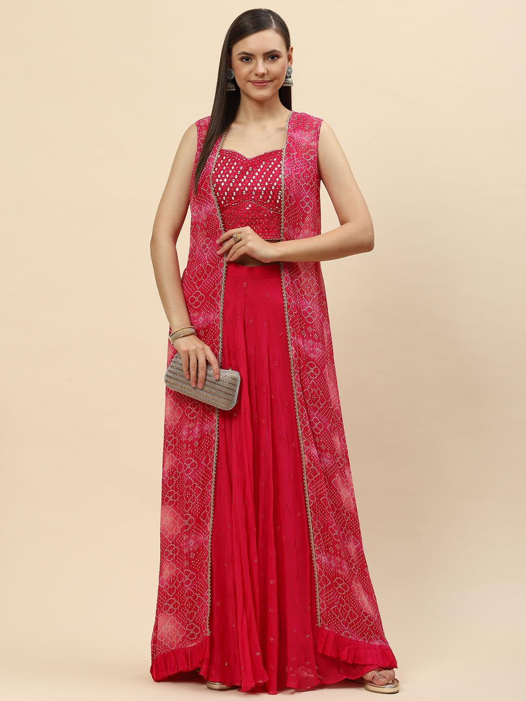Bandhani Printed Georgette Crop Top With Palazzo &amp; Jacket