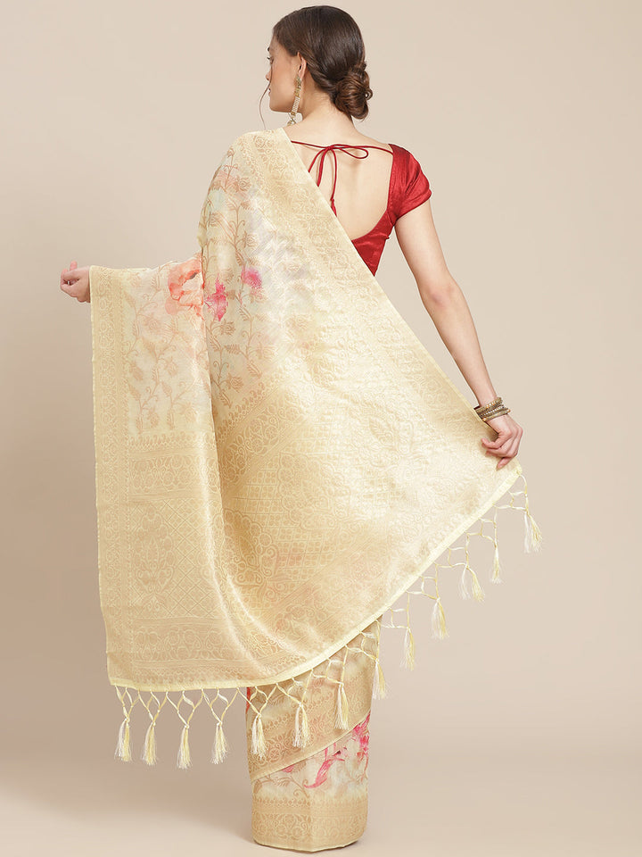 Digital Floral Printed Banarasi Pallu Cotton Chanderi Saree