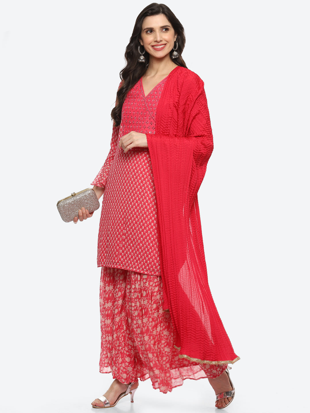 Printed Georgette Kurta With Garara &amp; Chiffon Dupatta