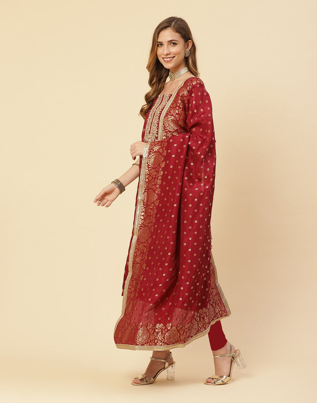Embroidered Art Handloom Dupion Suit Piece With Banarasi Dupatta