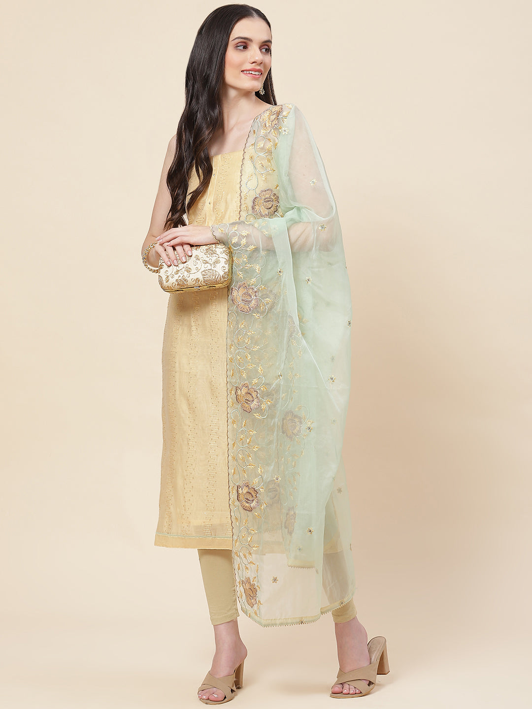 Embroidered Chanderi Unstitched Suit Piece With Dupatta
