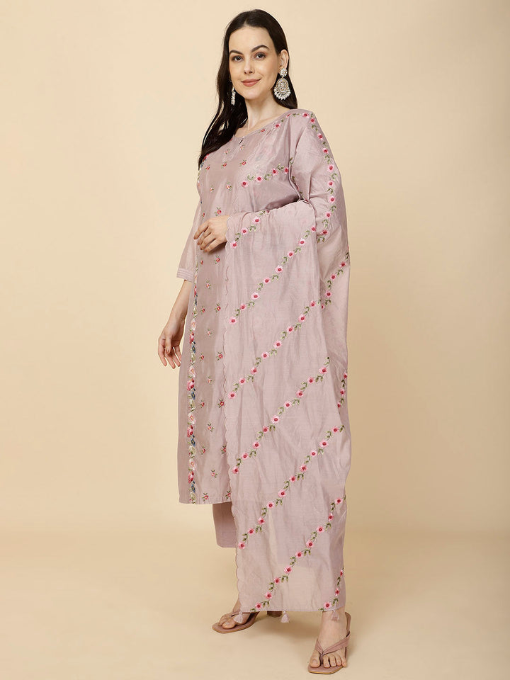 Resham Booti Embroidery Chanderi Suit Set With Dupatta
