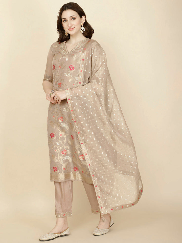 Floral Woven Tissue Kurta With Pants &amp; Dupatta