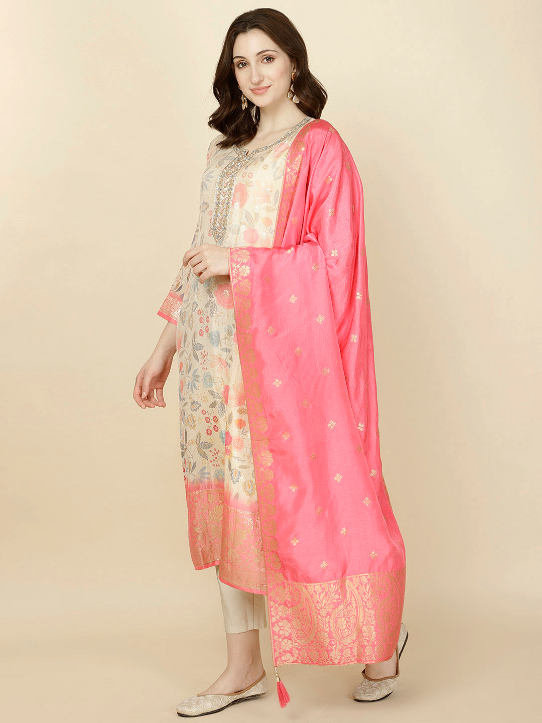 Floral Printed &amp; Woven Organza Kurta With Pants &amp; Dupatta