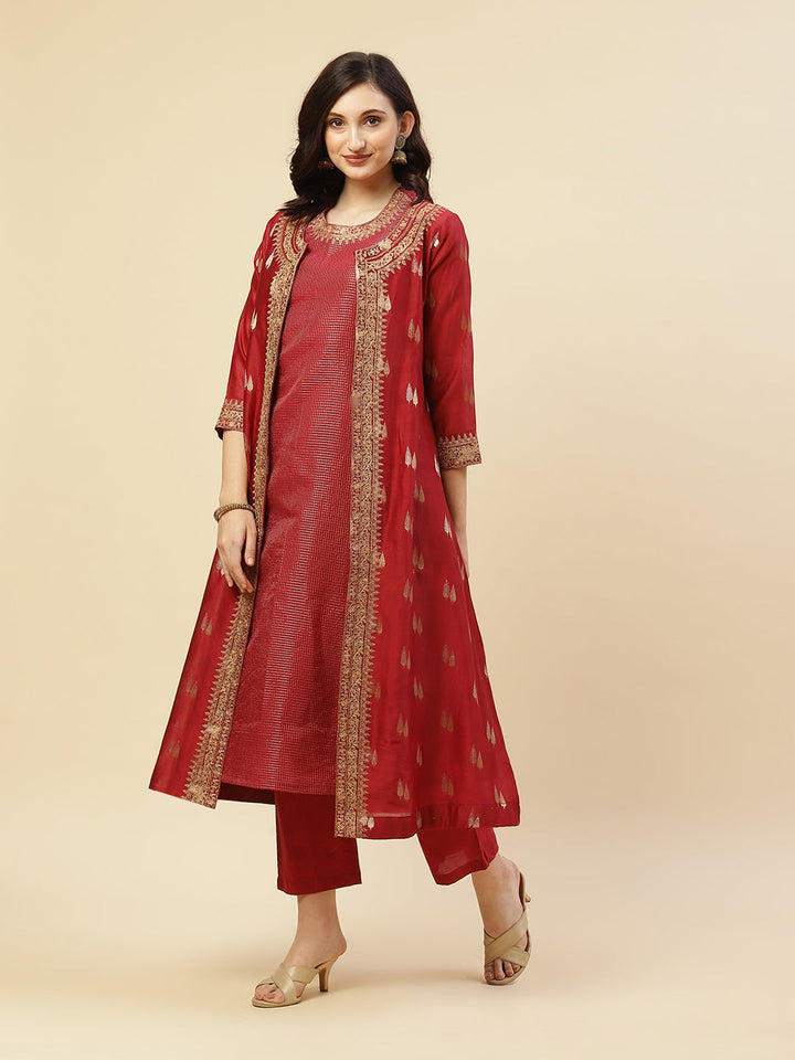 Embroidered Chanderi Kurti With Jacket And Pant