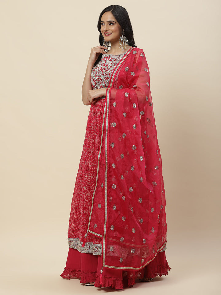 Bandhani Printed Georgette Long Kurta With Skirt &amp; Dupatta