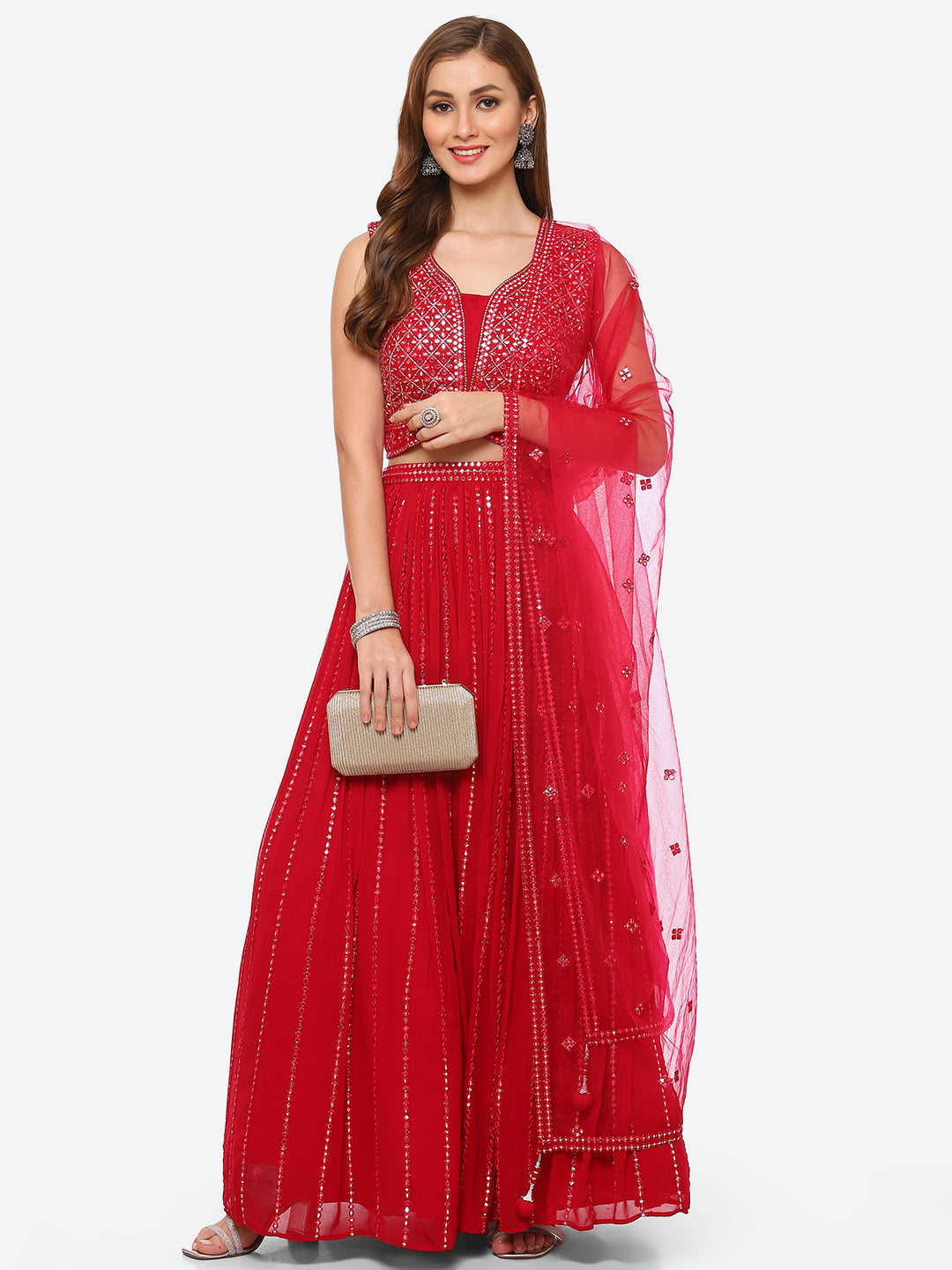 Mirror Work Georgette Choli With Laacha &amp; Net Dupatta