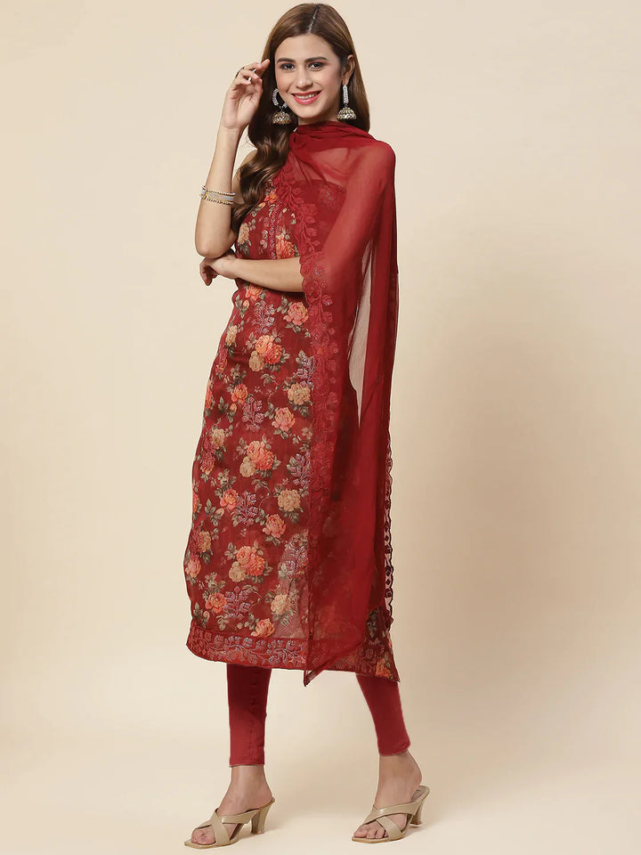 Digital Floral Printed Crepe Unstitched Suit Piece With Dupatta