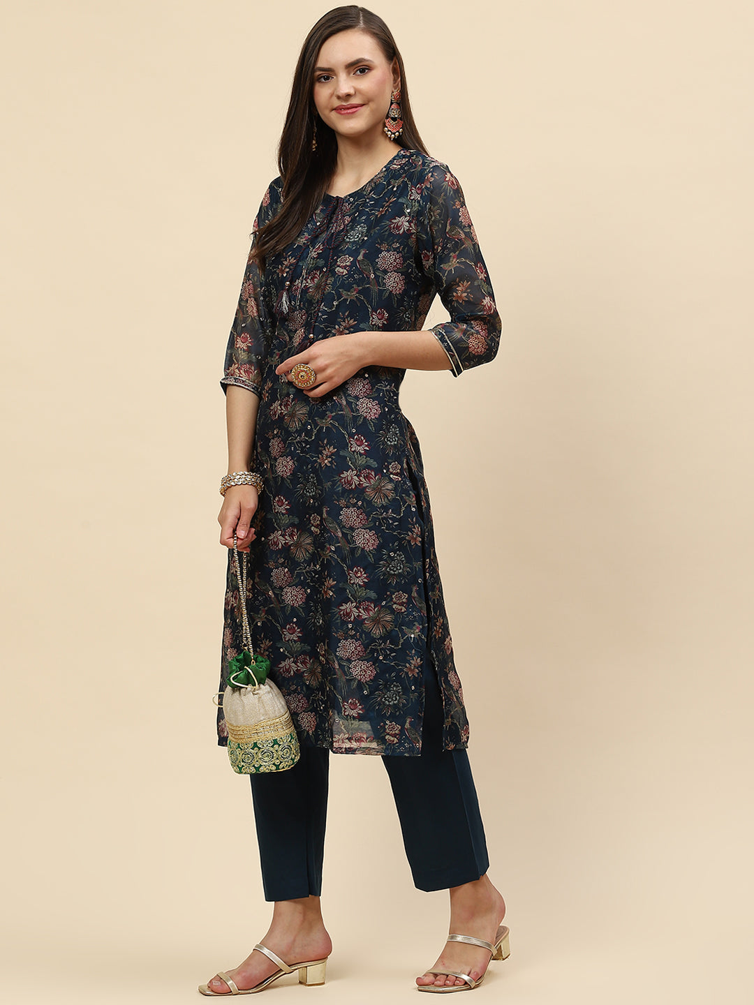 Floral Printed Chanderi Kurta With Pants