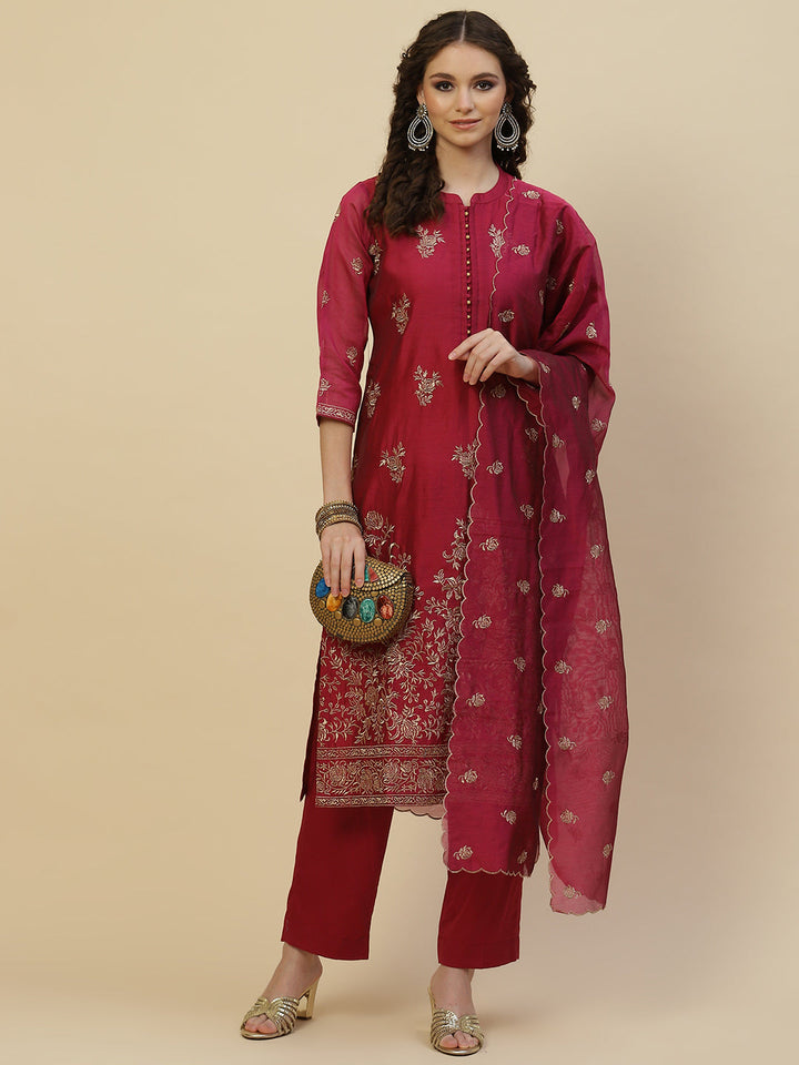 Zari Booti Cotton Kurta With Pants &amp; Dupatta