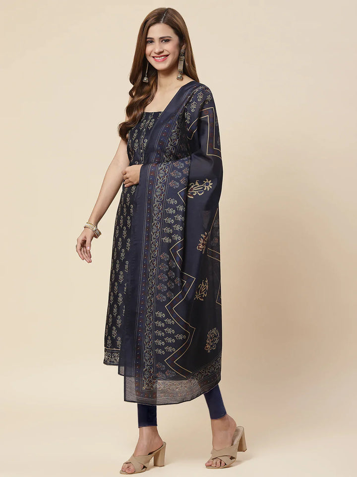 Indigo Printed Chanderi Unstitched Suit Piece With Dupatta