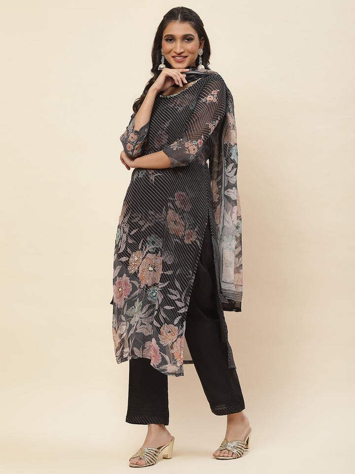 Floral Printed Georgette Kurta With Pants &amp; Dupatta