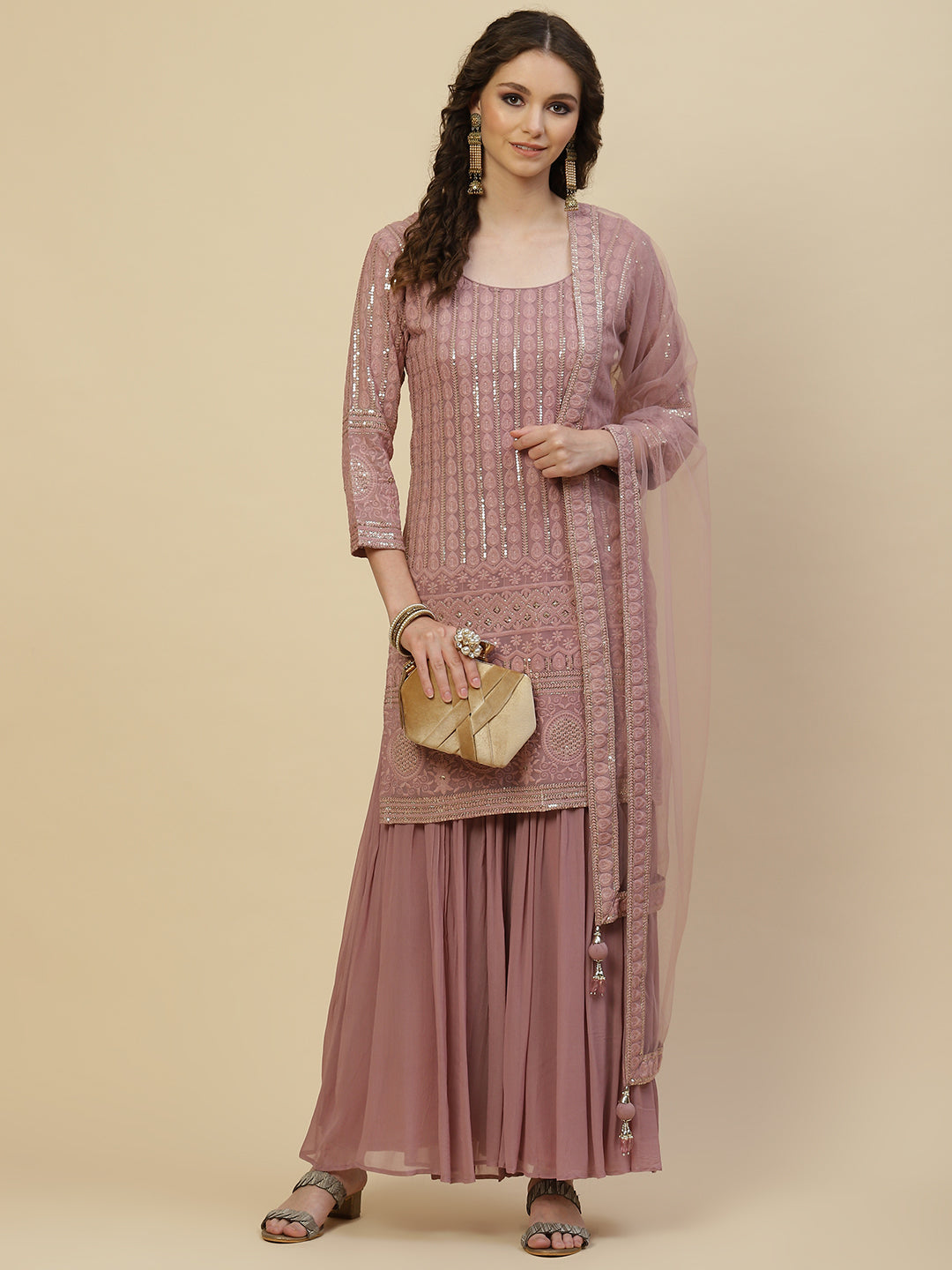 Resham Sequin Embroidered Georgette Kurta With Palazzo &amp; Dupatta