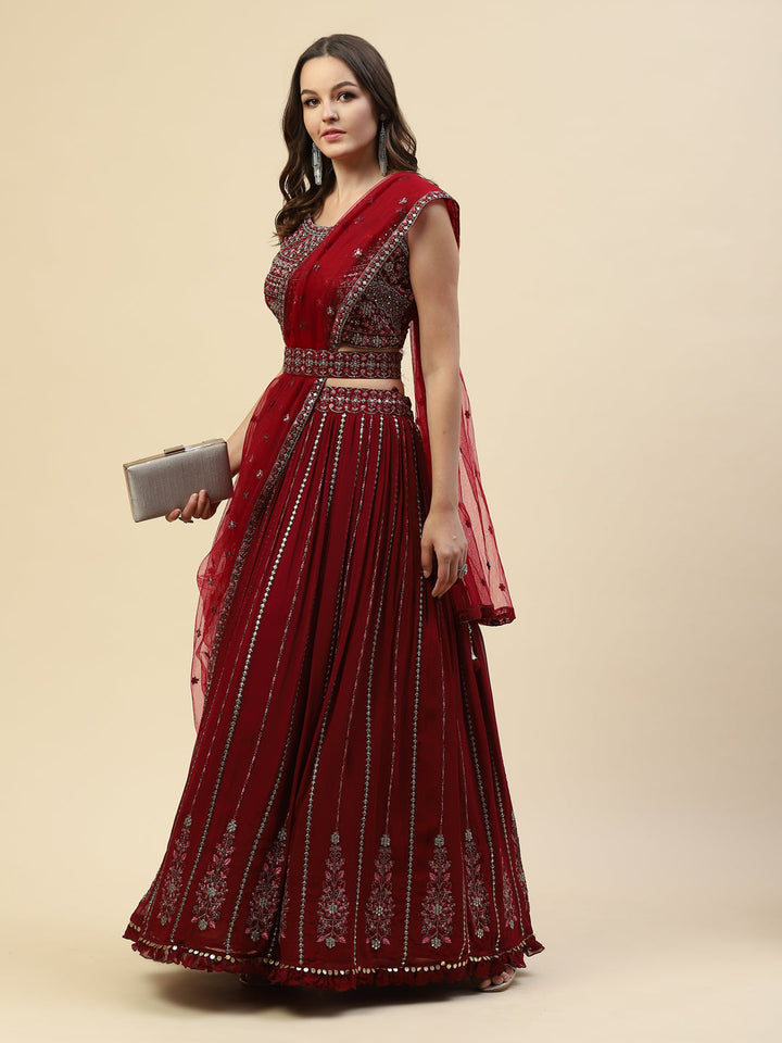Resham Embroidered Georgette Choli With Lehenga &amp; Net Dupatta