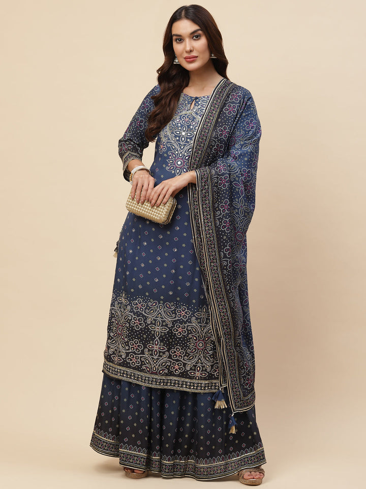 Bandhani Printed Muslin Kurta With Sharara &amp; Dupatta