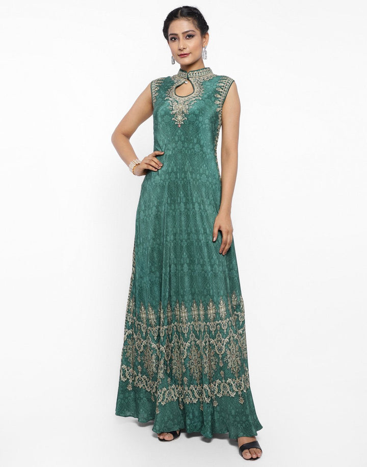 MBZ Meena Bazaar-Green Crepe Digital Printed Long Dress