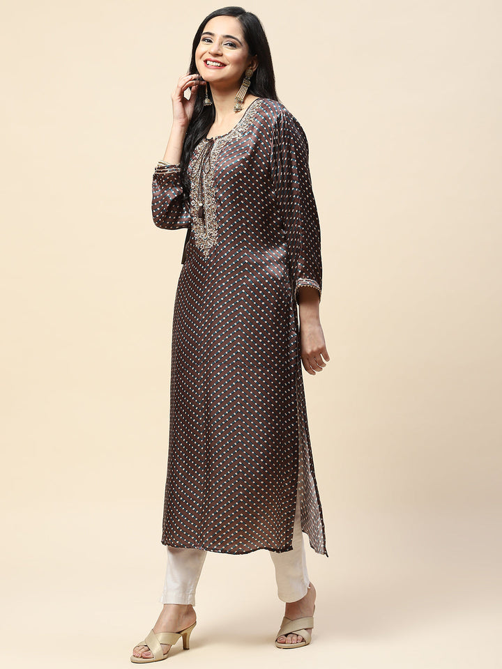 Printed With Yoke Embroidered Satin Kurta
