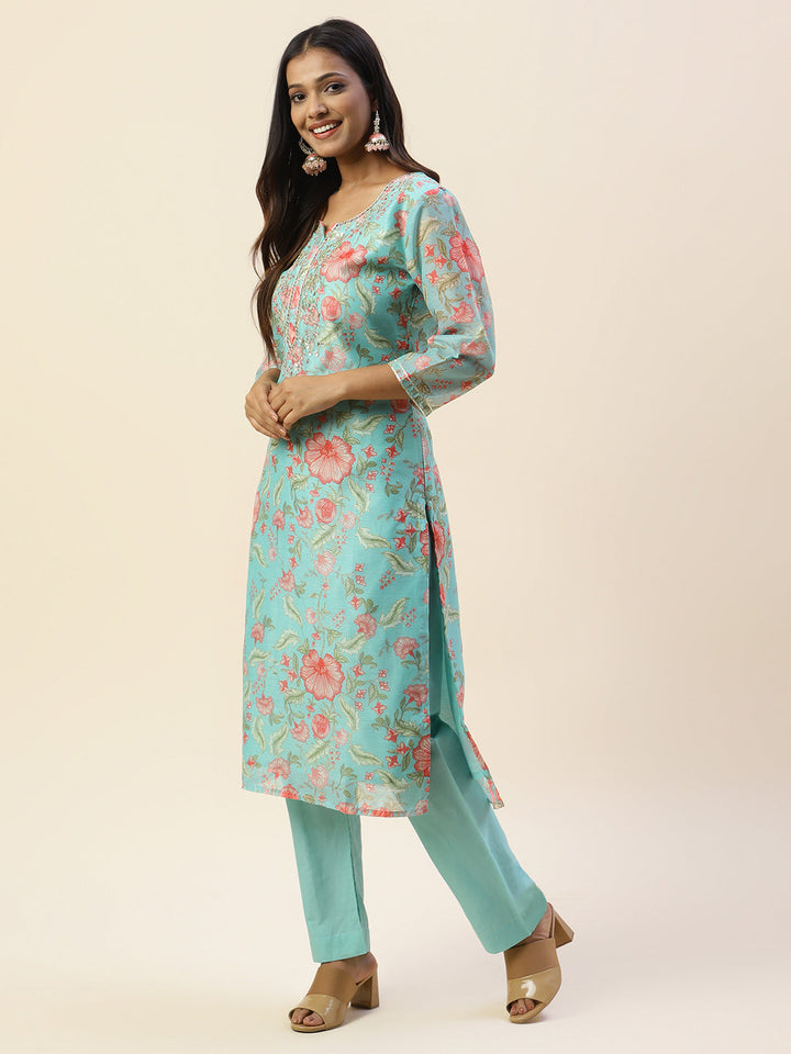 Printed &amp; Yoke Embroidered Chanderi Kurta With Pants