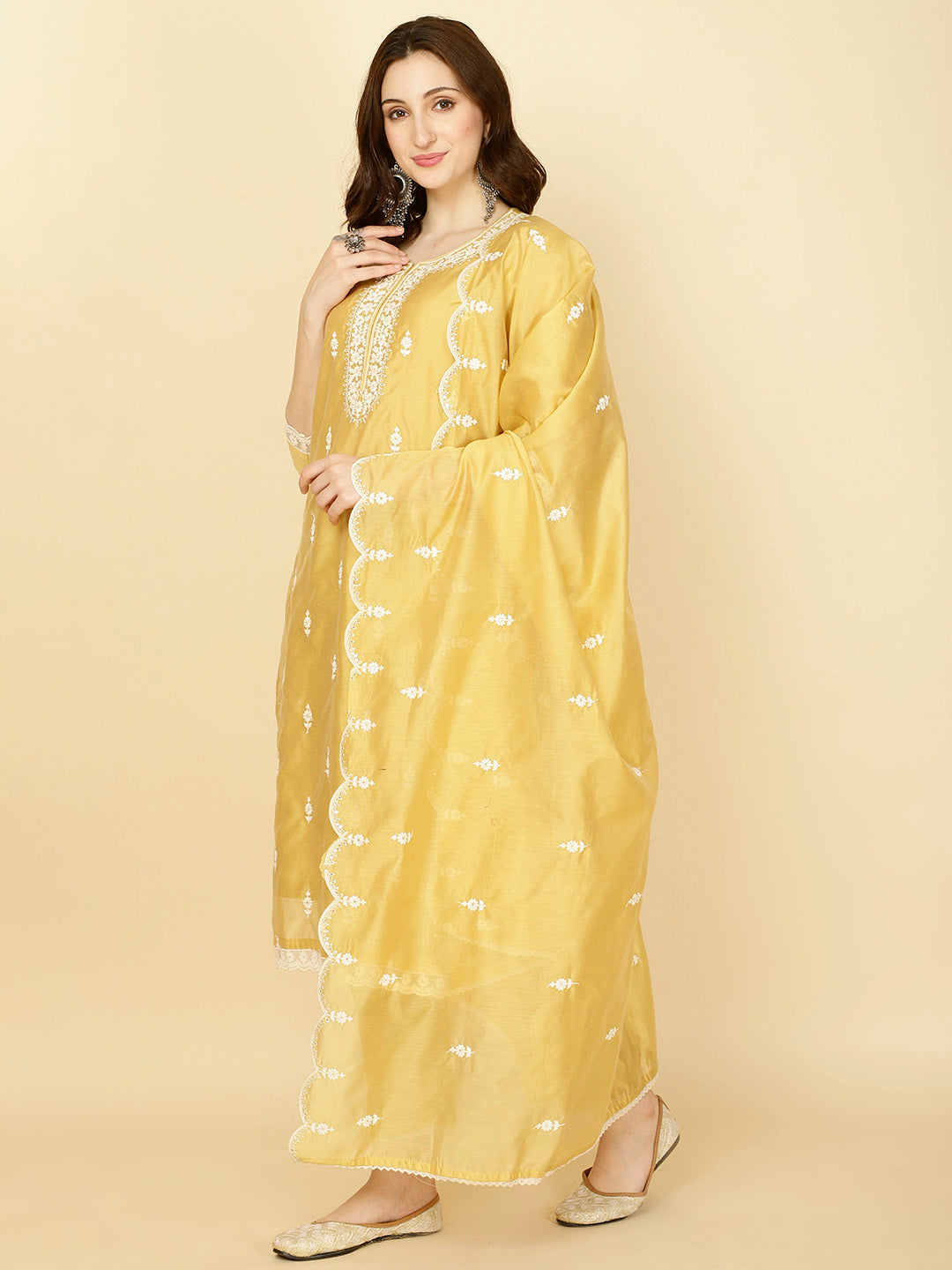 Floral Embroidery Chanderi Kurta With Pants &amp; Dupatta