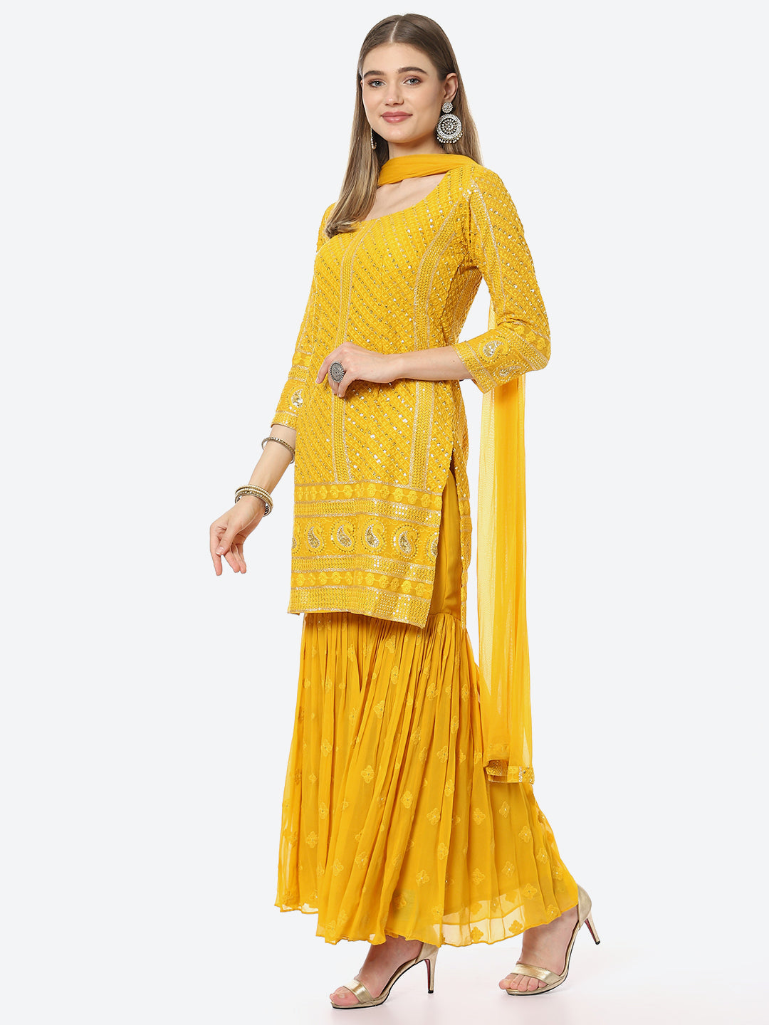 Sequin Georgette Kurti With Sharara &amp; Net Dupatta