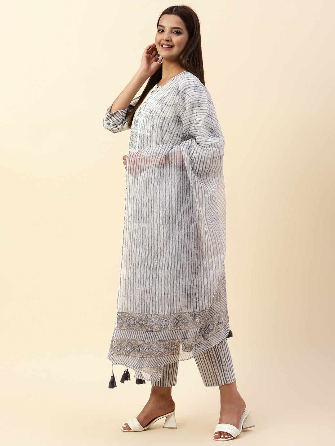 Floral Printed Cotton Kurta With Pants &amp; Dupatta