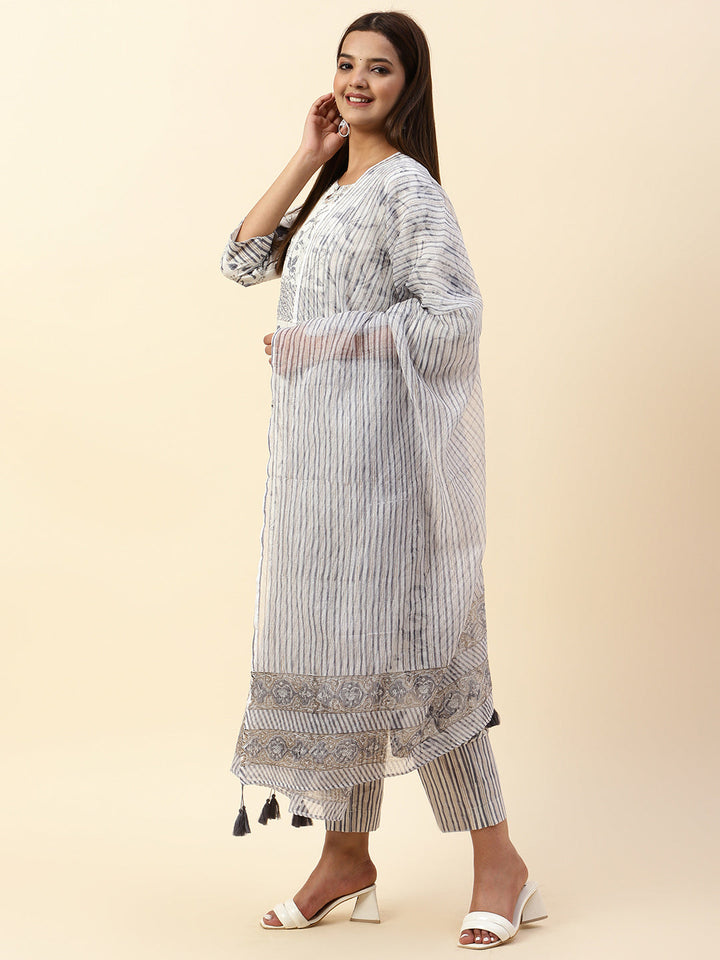 Floral Printed Cotton Kurta With Pants &amp; Dupatta