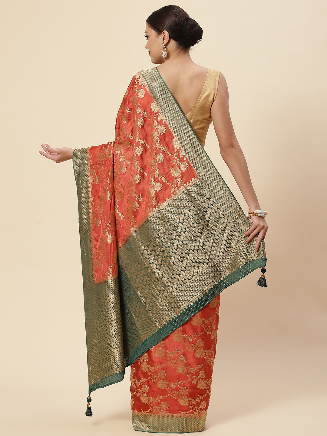 Floral Jaal Satin Plain Saree