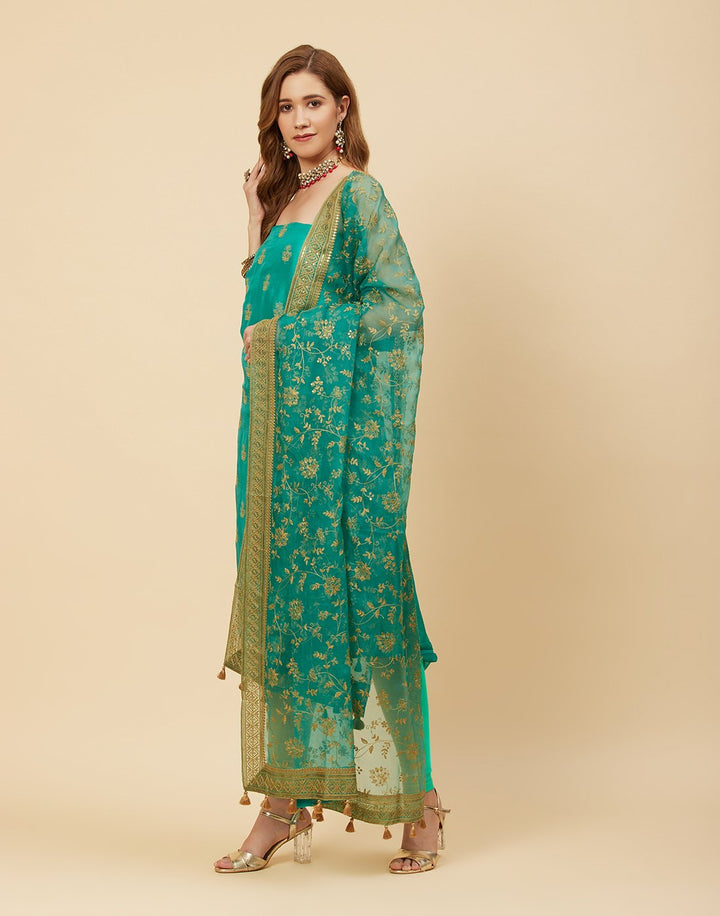 Embroidered Art Handloom Dupion Suit Piece With Organza Dupatta