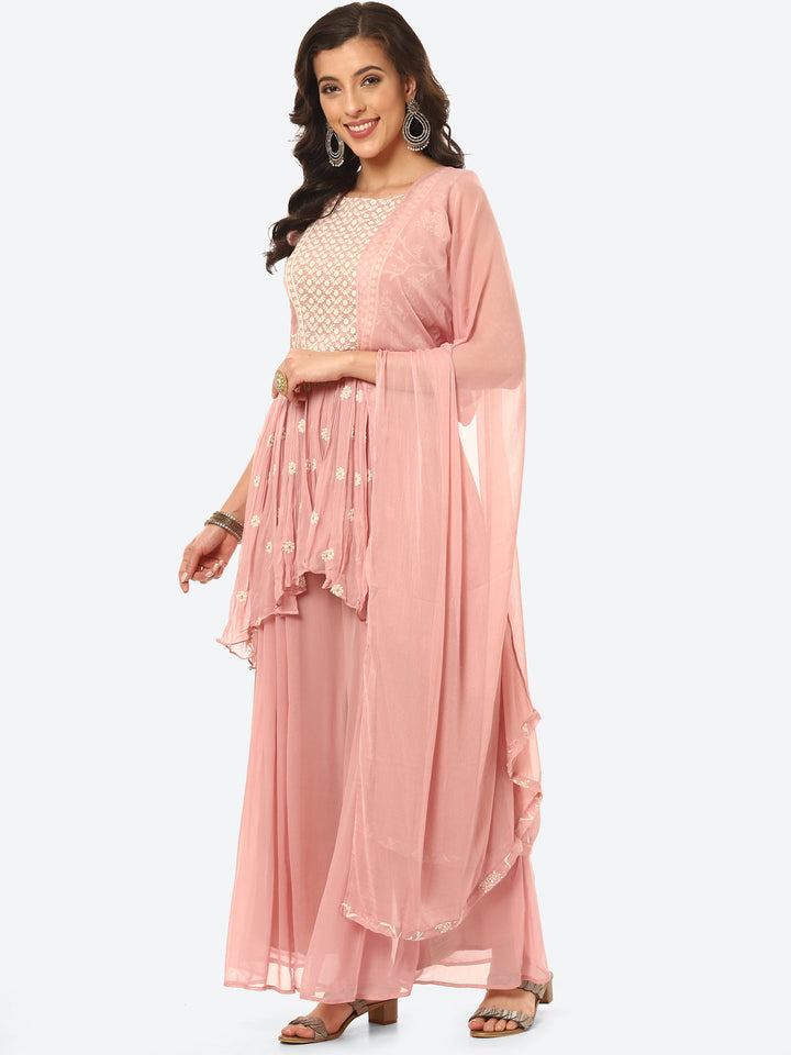 Resham Booti Embroidered Gerorgette Kurti With Palazzo &amp; Dupatta