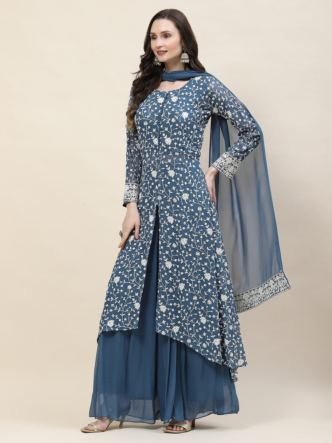 Resham Embroidery Georgette Kurta With Sharara &amp; Dupatta