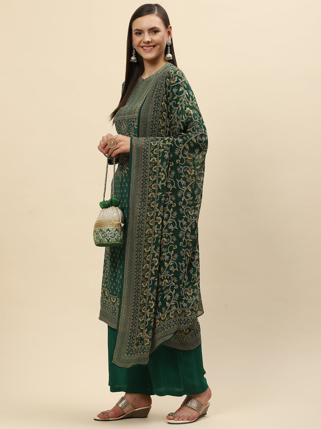 Floral Digital Printed Crepe Kurta With Palazzo &amp; Dupatta