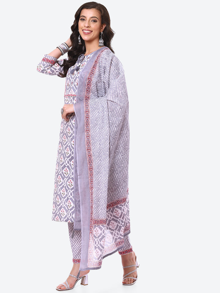 Floral Booti Printed Cotton Kurta With Pant &amp; Dupatta
