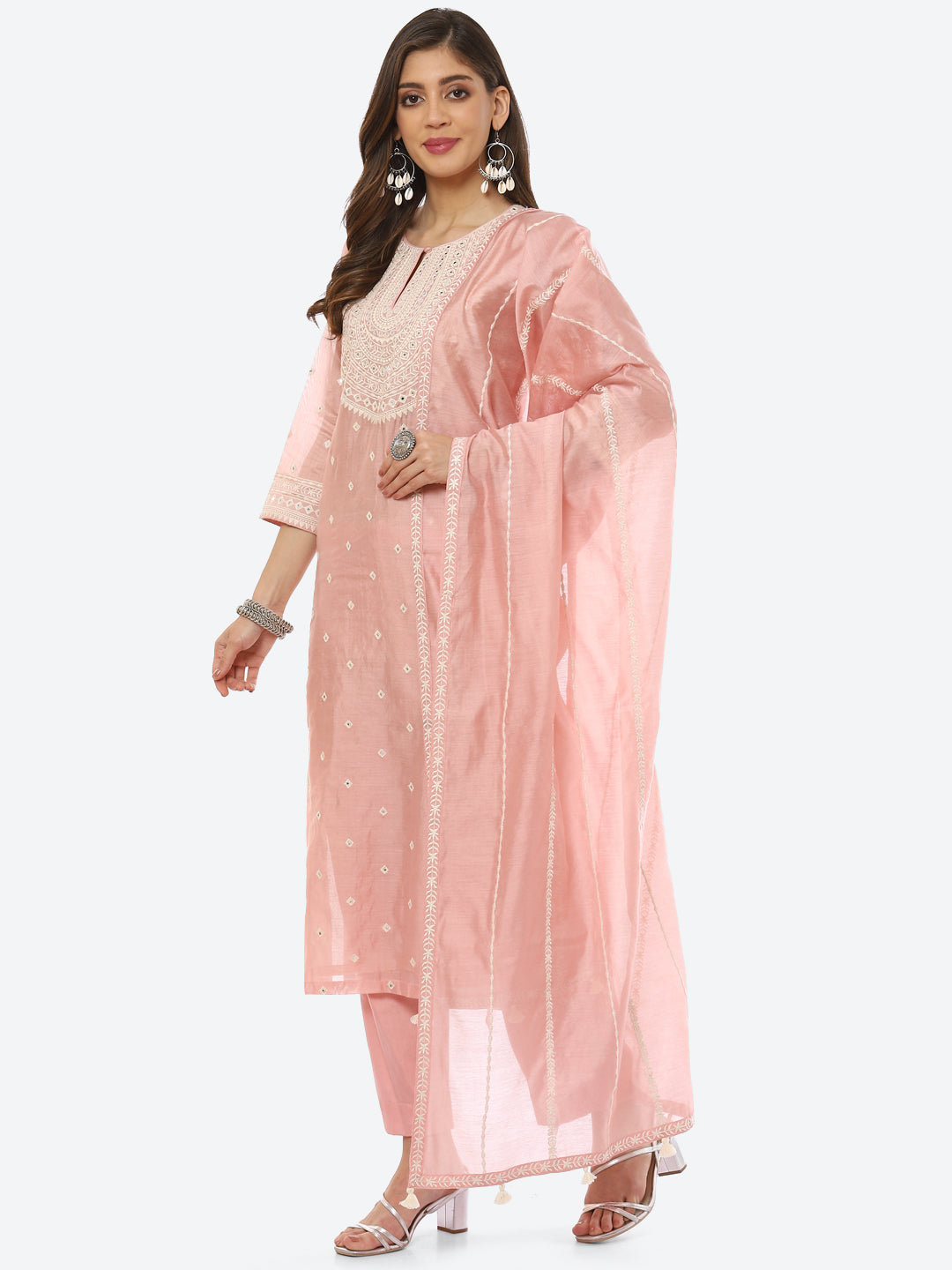 Resham Neck Booti Cotton Kurta With Pant &amp; Dupatta